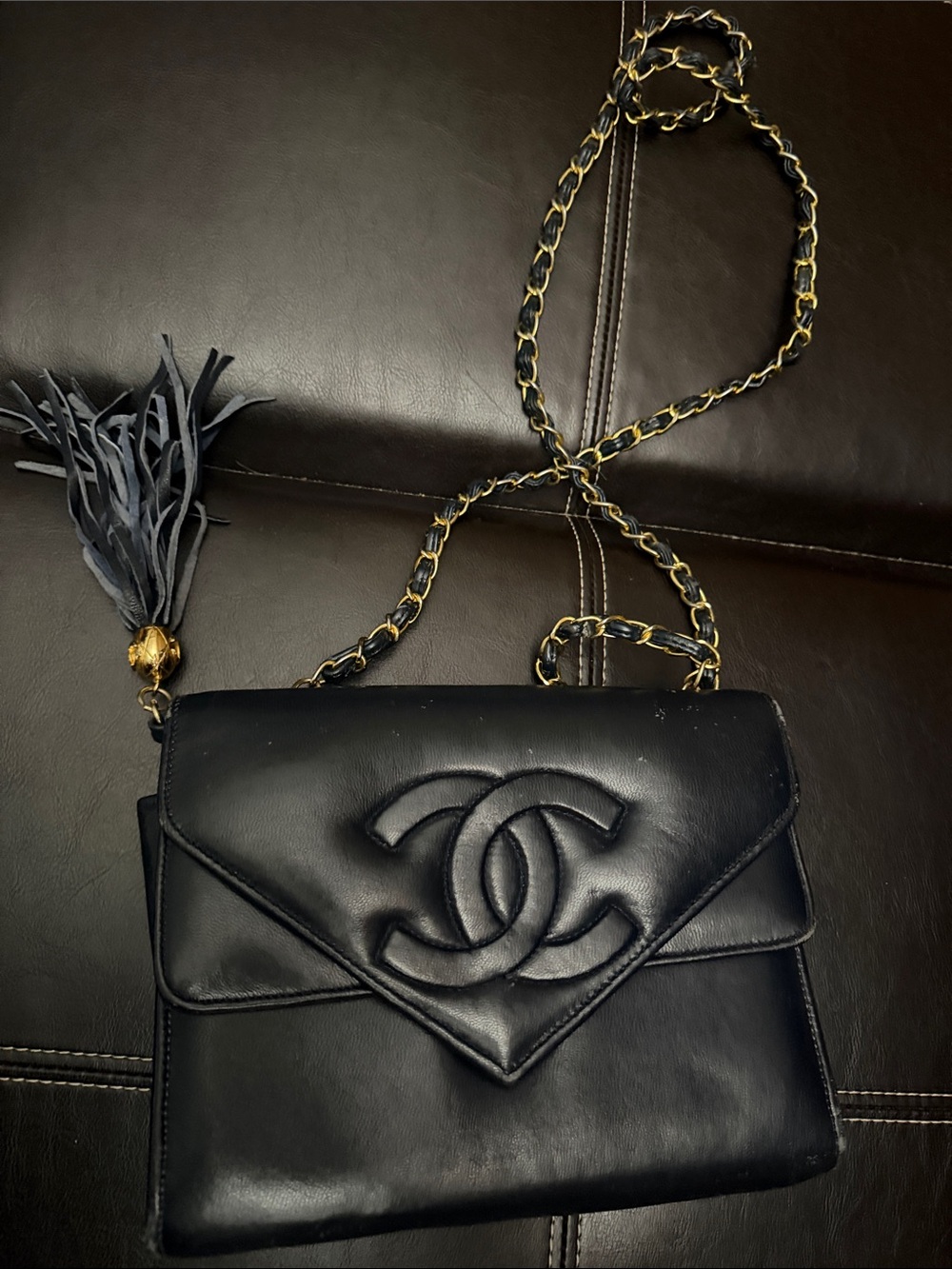 Black Quilted Leather Crossbody Bag with Chain Strap